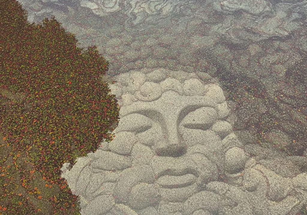 Abstract face emerging from stone and moss